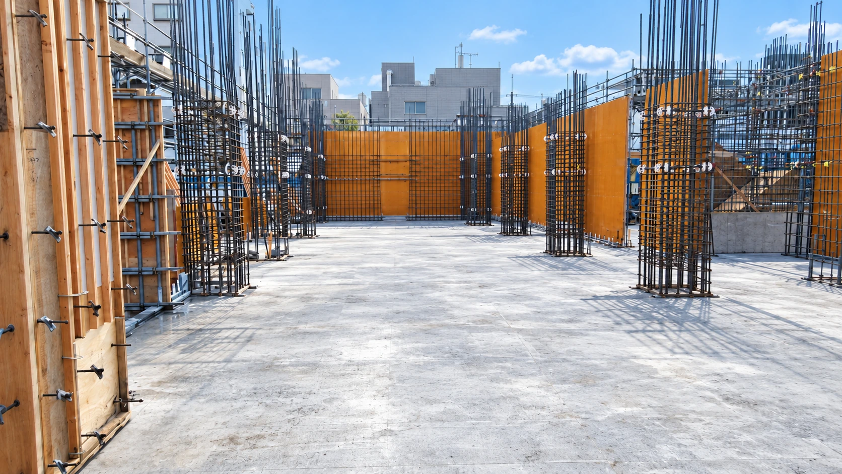 型枠と鉄筋が組まれた、資材の山がない建設現場のAI加工イメージ